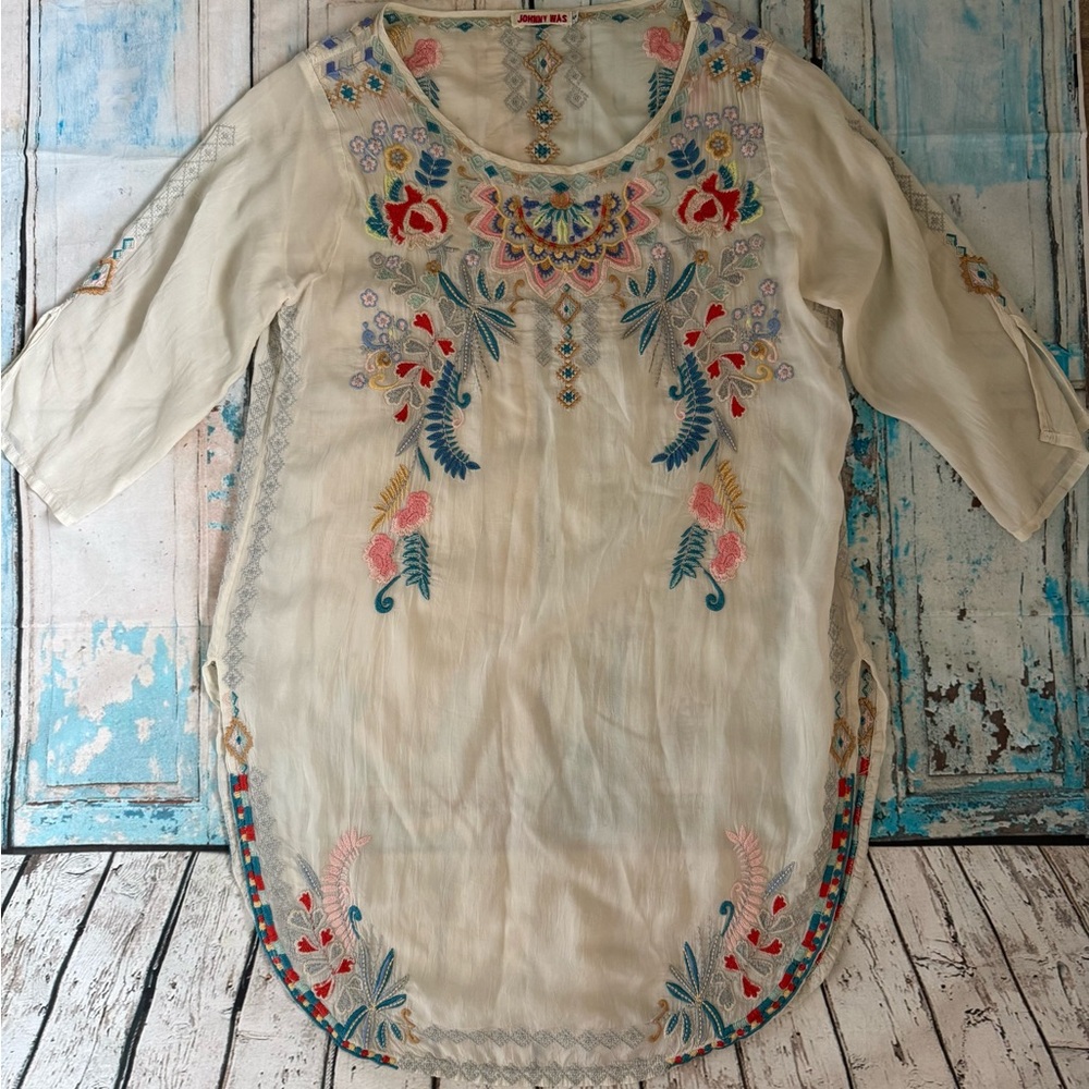 Johnny Was Cream Embellished Tunic with Flutter Sleeves